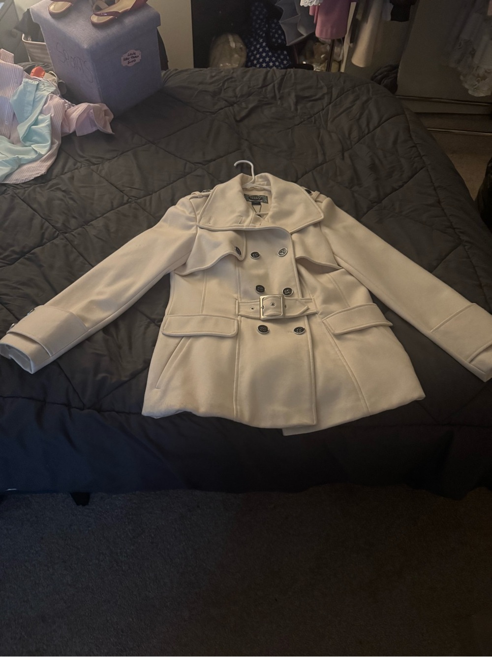 Womens Cream Double-Breasted Belted Peacoat